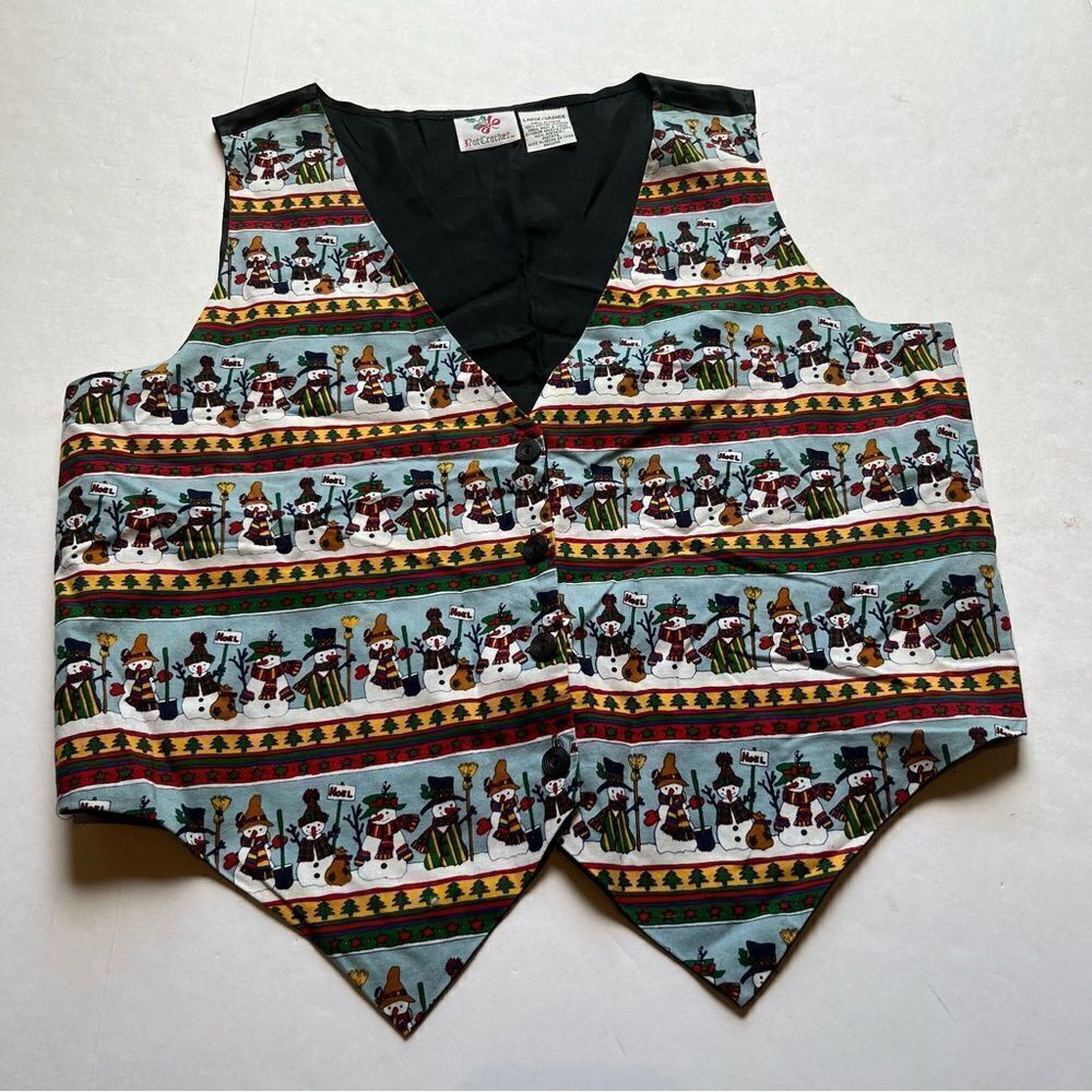 Women's Nutcracker Holiday Vest Light Weight Black Multi Snowmen Size Large